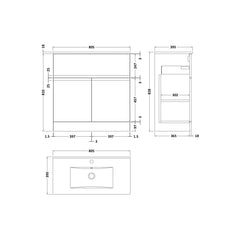 [BFRA105B] Mavesyn Contemporary 2 Door 1 Drawer Floor Standing Vanity Unit with Minimalist Basin - Choice of Size and Colour - Technical Drawing
