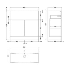 [BFRA105D] Mavesyn Contemporary 2 Door 1 Drawer Floor Standing Vanity Unit with Thin Edge Basin, Satin White, 800mm - Technical Drawing