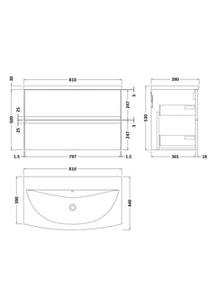 [BFRA106G] Mavesyn Contemporary 2 Drawer Wall Hung Vanity Unit with Curved Basin - Choice of Size and Colour - Technical Drawing