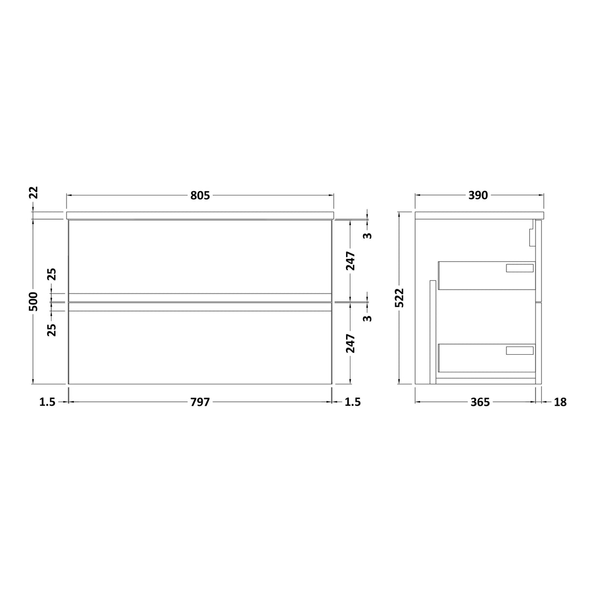 [BFRA106LBG] Mavesyn Contemporary 2 Drawer Wall Hung Vanity Unit with Laminate Worktop - Choice of Size and Colour - Technical Drawing