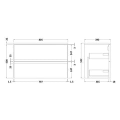 [BFRA106LBG] Mavesyn Contemporary 2 Drawer Wall Hung Vanity Unit with Laminate Worktop - Choice of Size and Colour - Technical Drawing