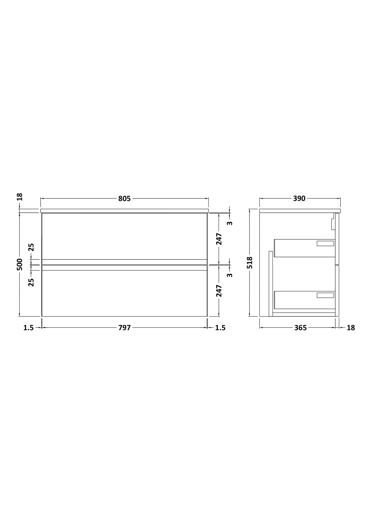 [BFRA106W] Mavesyn Contemporary 2 Drawer Wall Hung Vanity Unit with Worktop - Choice of Size and Colour - Technical Drawing
