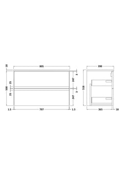 [BFRA106W] Mavesyn Contemporary 2 Drawer Wall Hung Vanity Unit with Worktop - Choice of Size and Colour - Technical Drawing