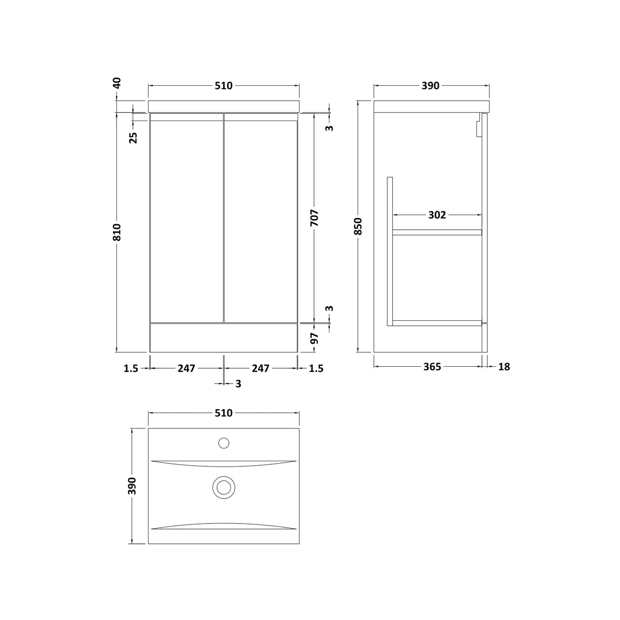 [BFRA107A] Mavesyn Contemporary 2 Door Floor Standing Vanity Unit with Mid-Edge Basin - Choice of Size and Colour - Technical Drawing