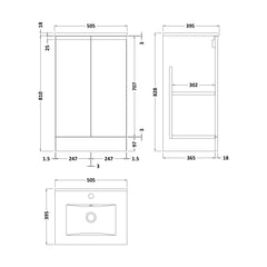 [BFRA107B] Mavesyn Contemporary 2 Door Floor Standing Vanity Unit with Minimalist Basin, Satin White, 500mm - Technical Drawing