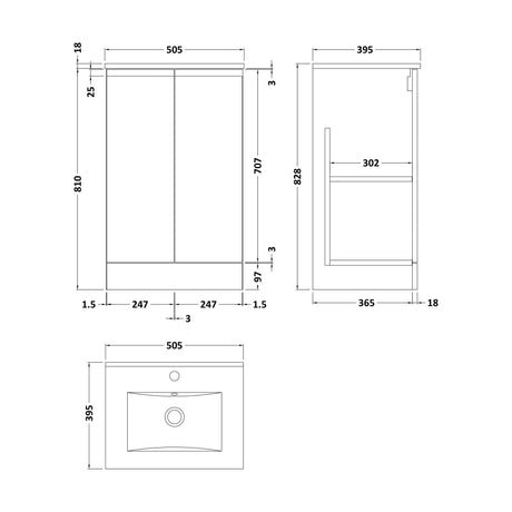 [BFRA107B] Mavesyn Contemporary 2 Door Floor Standing Vanity Unit with Minimalist Basin, Satin White, 500mm - Technical Drawing