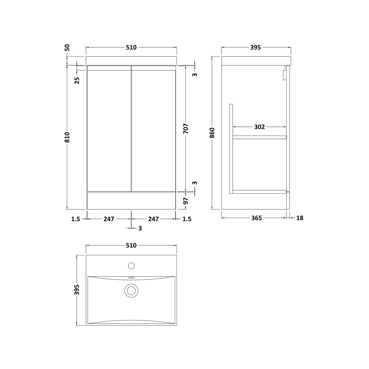 [BFRA107D] Mavesyn Contemporary Floor Standing 2 Door Vanity Basin Unit with Thin-Edge Basin, Choice of Size and Colour - Technical Drawing