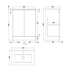 [BFRA108B] Mavesyn Contemporary 2 Door Floor Standing Vanity Unit with Minimalist Basin, Satin White, 600mm - Technical Drawing