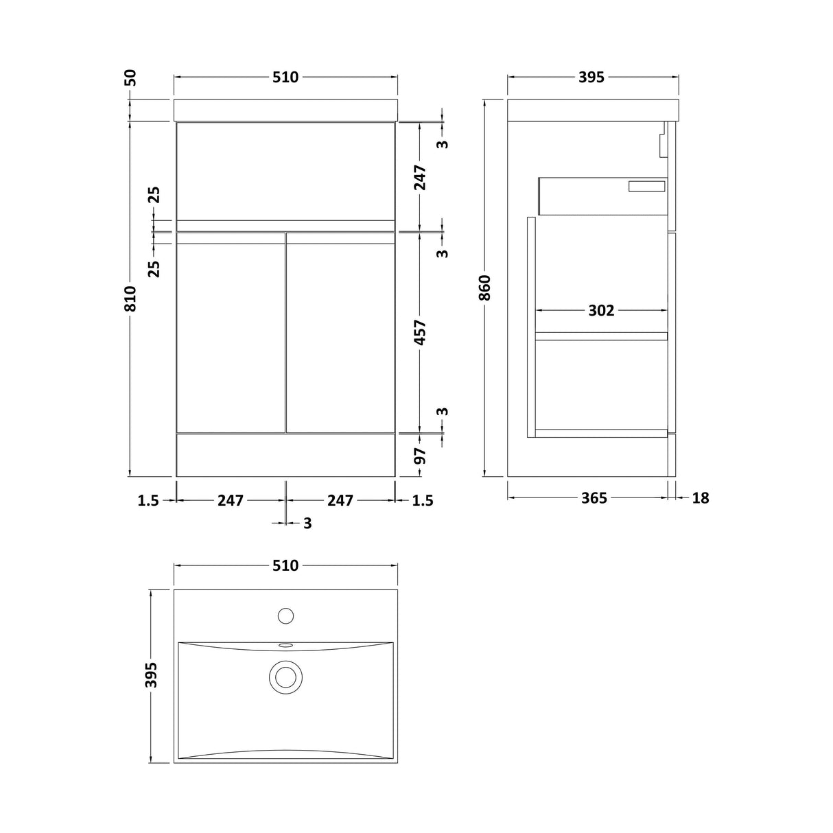[BFRA1401D] Mavesyn Contemporary 2 Door 1 Drawer Floor Standing Vanity Unit with Thin Edge Basin, Dark Grey, 500mm - Technical Drawing