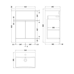[BFRA1401D] Mavesyn Contemporary 2 Door 1 Drawer Floor Standing Vanity Unit with Thin Edge Basin, Dark Grey, 500mm - Technical Drawing