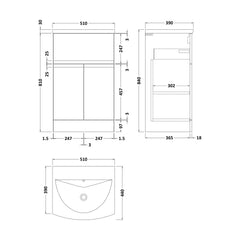 [BFRA1401G] Mavesyn Contemporary 2 Door 1 Drawer Floor Standing Vanity Unit with Curved Basin, Dark Grey, 500mm - Technical Drawing