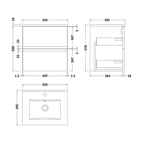 [BFRA1402B] Mavesyn Contemporary 2 Drawer Wall Hung Vanity Unit with Minimalist Basin, Dark Grey, 500mm - Technical Drawing