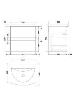[BFRA1402G] Mavesyn Contemporary 2 Drawer Wall Hung Vanity Unit with Curved Basin - Choice of Size and Colour - Technical Drawing