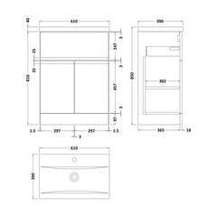 [BFRA1403A] Mavesyn Contemporary 2 Door 1 Drawer Floor Standing Vanity Unit with Mid-Edge Basin, Dark Grey, 600mm - Technical Drawing