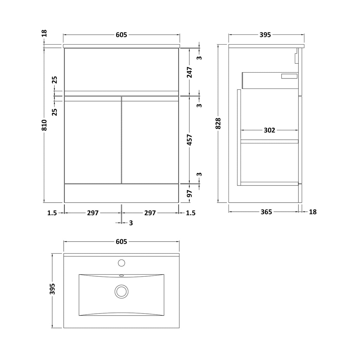 [BFRA1403B] Mavesyn Contemporary 2 Door 1 Drawer Floor Standing Vanity Unit with Minimalist Basin, Dark Grey, 600mm - Technical Drawing