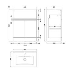 [BFRA1403B] Mavesyn Contemporary 2 Door 1 Drawer Floor Standing Vanity Unit with Minimalist Basin, Dark Grey, 600mm - Technical Drawing