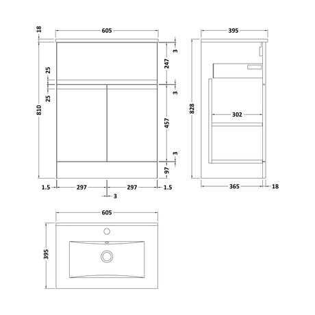 [BFRA1403B] Mavesyn Contemporary 2 Door 1 Drawer Floor Standing Vanity Unit with Minimalist Basin, Dark Grey, 600mm - Technical Drawing