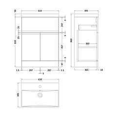 [BFRA1403D] Mavesyn Contemporary 2 Door 1 Drawer Floor Standing Vanity Unit with Thin Edge Basin, Dark Grey, 600mm - Technical Drawing