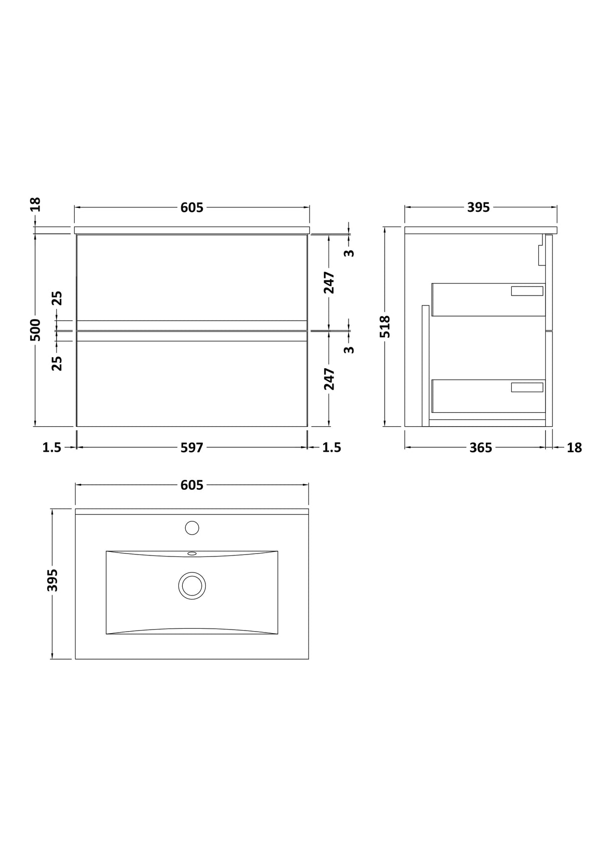 [BFRA1404B] Mavesyn Contemporary 2 Drawer Wall Hung Vanity Unit with Minimalist Basin - Choice of Size and Colour - Technical Drawing