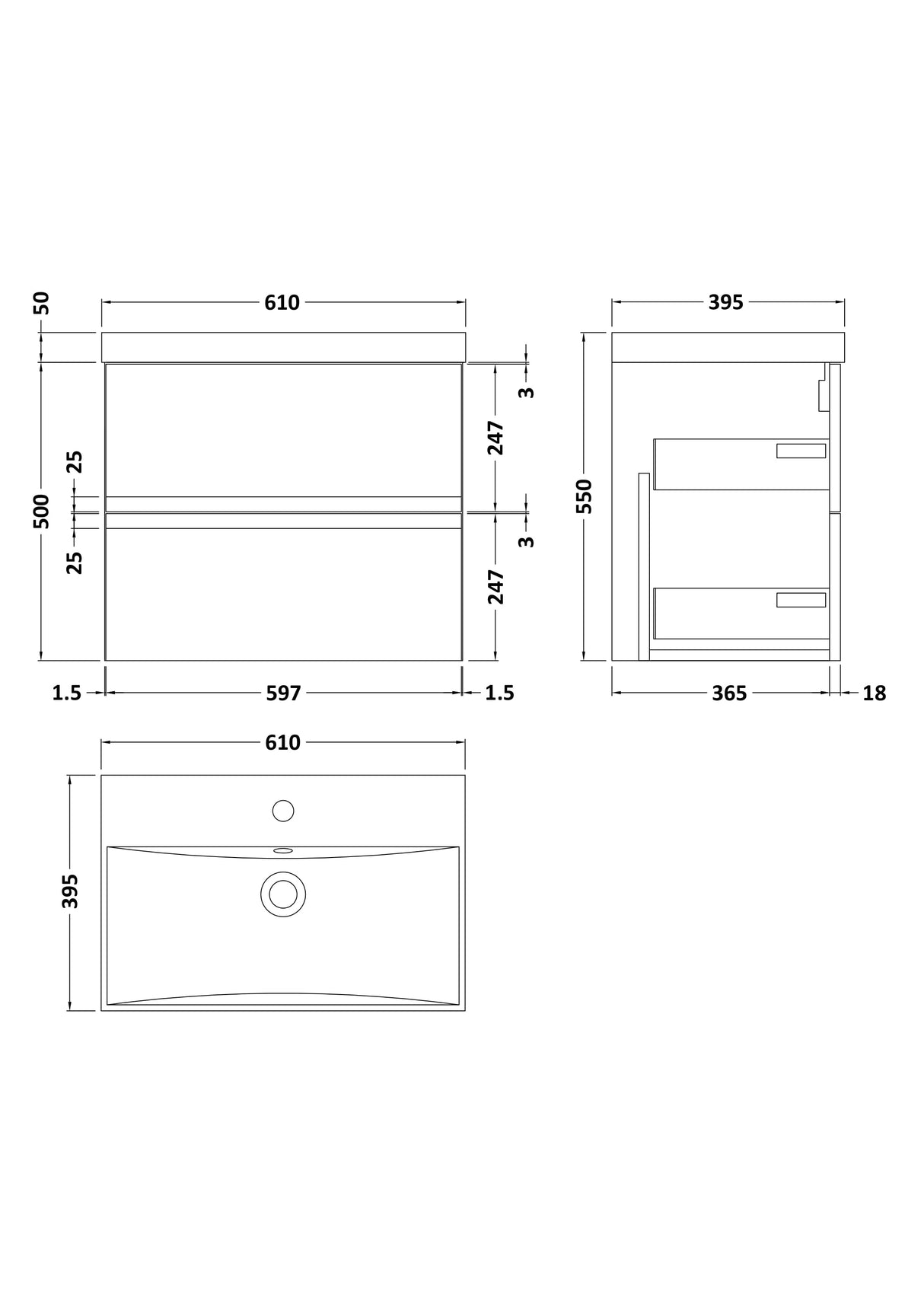 [BFRA1404D] Mavesyn Contemporary 2 Drawer Wall Hung Vanity Unit with Thin Edge Basin - Choice of Size and Colour - Technical Drawing