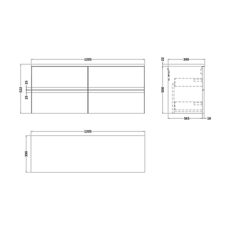 [BFRA1404LCM2] Mavesyn Contemporary 4 Drawer Wall Hung Vanity Unit with Laminate Worktop, Dark Grey, 1200mm - Technical Drawing