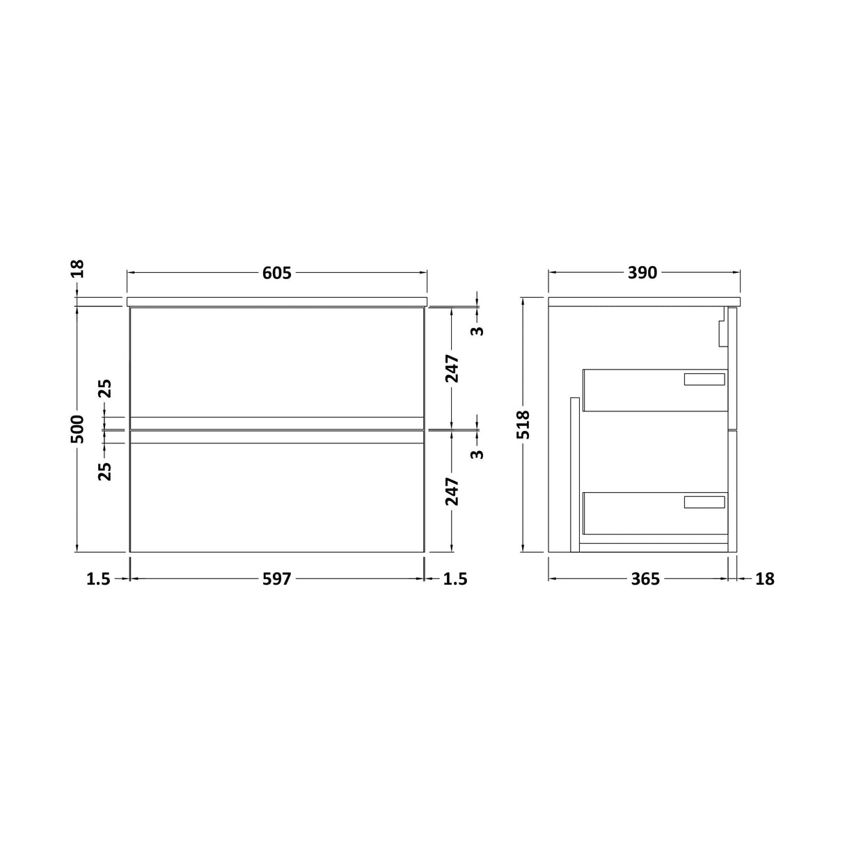 [BFRA1404W] Mavesyn Contemporary 2 Drawer Wall Hung Vanity Unit with Worktop, Dark Grey, 600mm - Technical Drawing