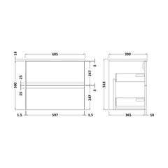 [BFRA1404W] Mavesyn Contemporary 2 Drawer Wall Hung Vanity Unit with Worktop - Choice of Size and Colour - Technical Drawing