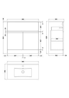 [BFRA1405B] Mavesyn Contemporary 2 Door 1 Drawer Floor Standing Vanity Unit with Minimalist Basin - Choice of Size and Colour - Technical Drawing