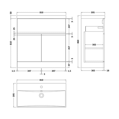 [BFRA1405D] Mavesyn Contemporary 2 Door 1 Drawer Floor Standing Vanity Unit with Thin Edge Basin, Dark Grey, 800mm - Technical Drawing