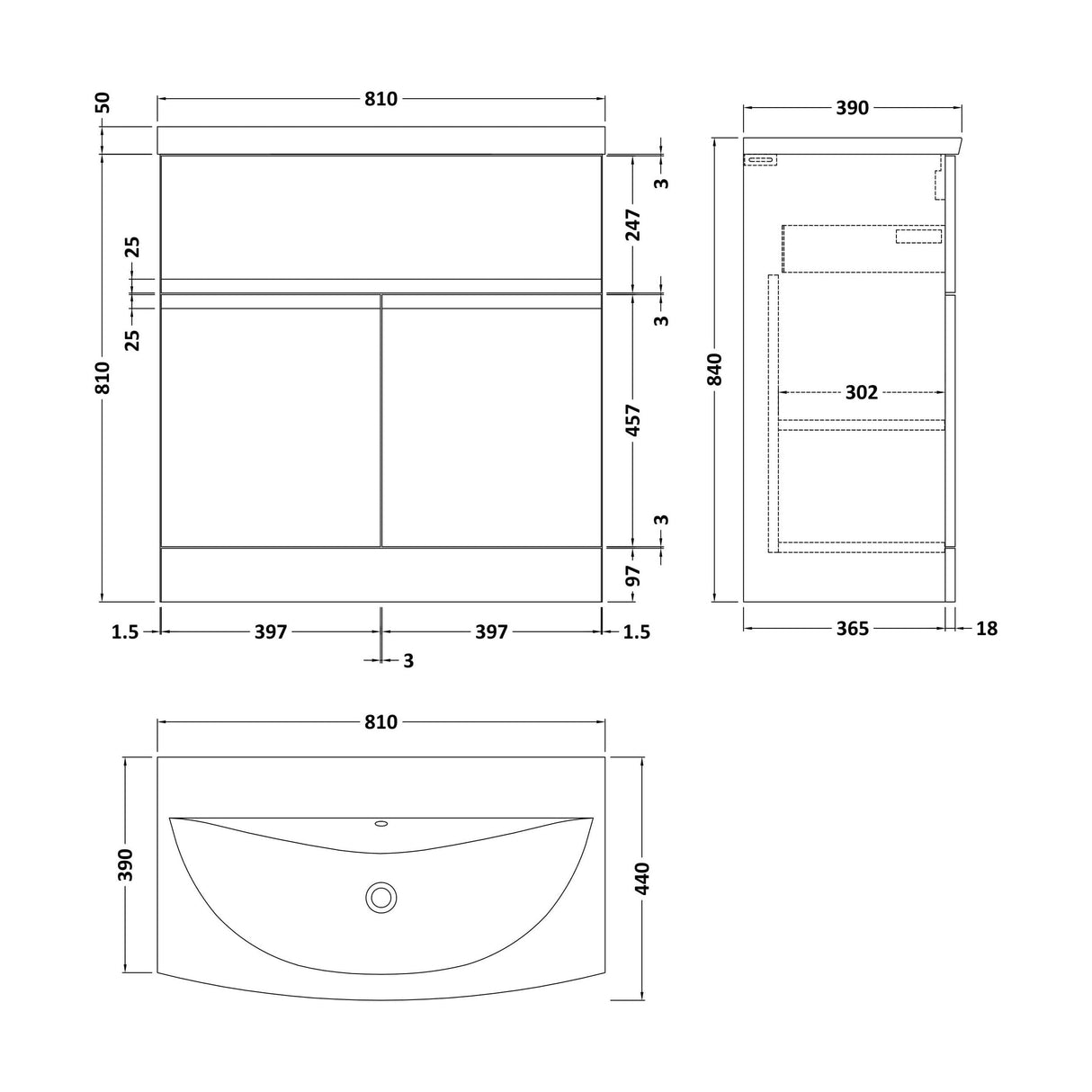 [BFRA1405G] Mavesyn Contemporary 2 Door 1 Drawer Floor Standing Vanity Unit with Curved Basin, Dark Grey, 800mm - Technical Drawing