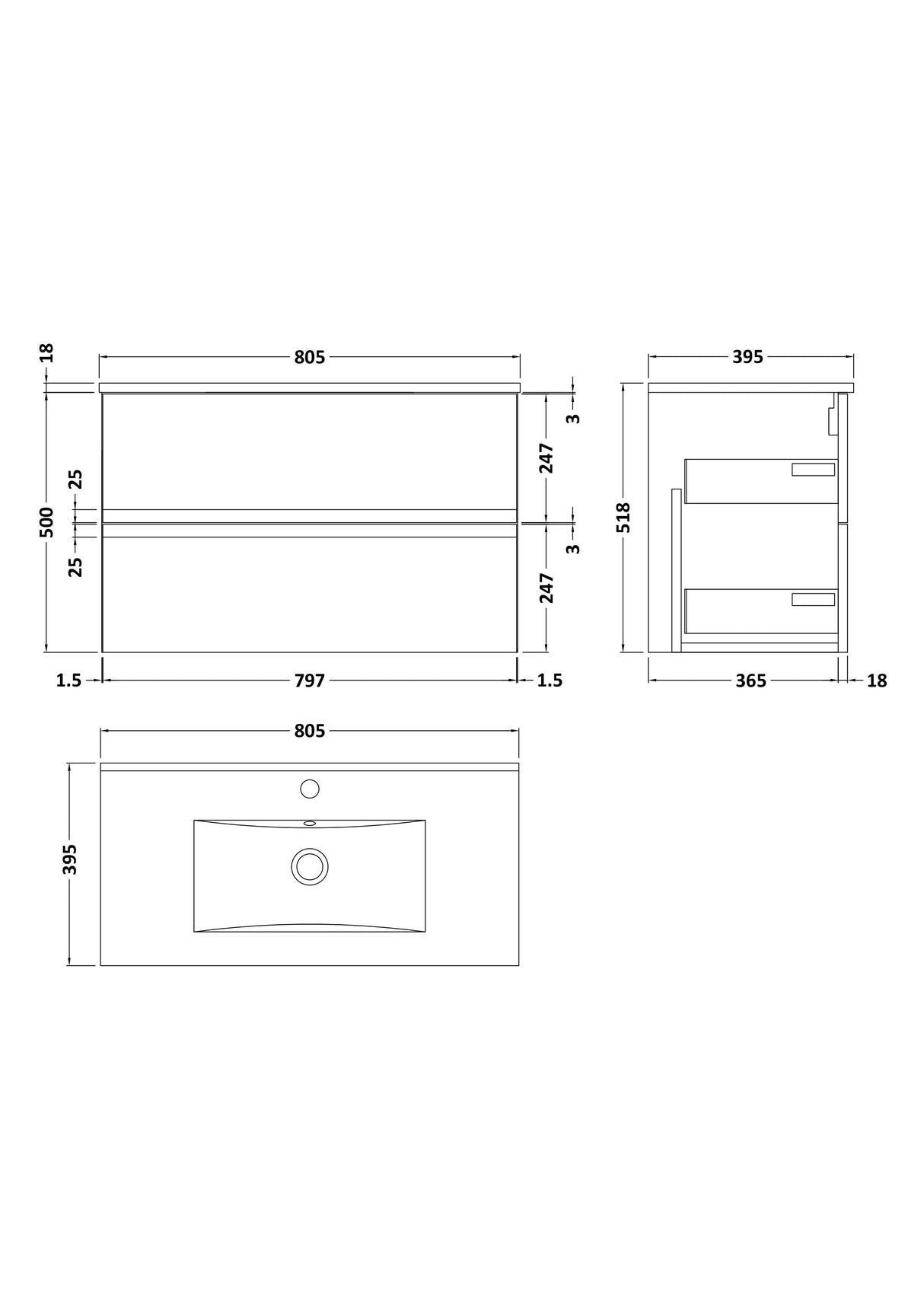 [BFRA1406B] Mavesyn Contemporary 2 Drawer Wall Hung Vanity Unit with Minimalist Basin - Choice of Size and Colour - Technical Drawing