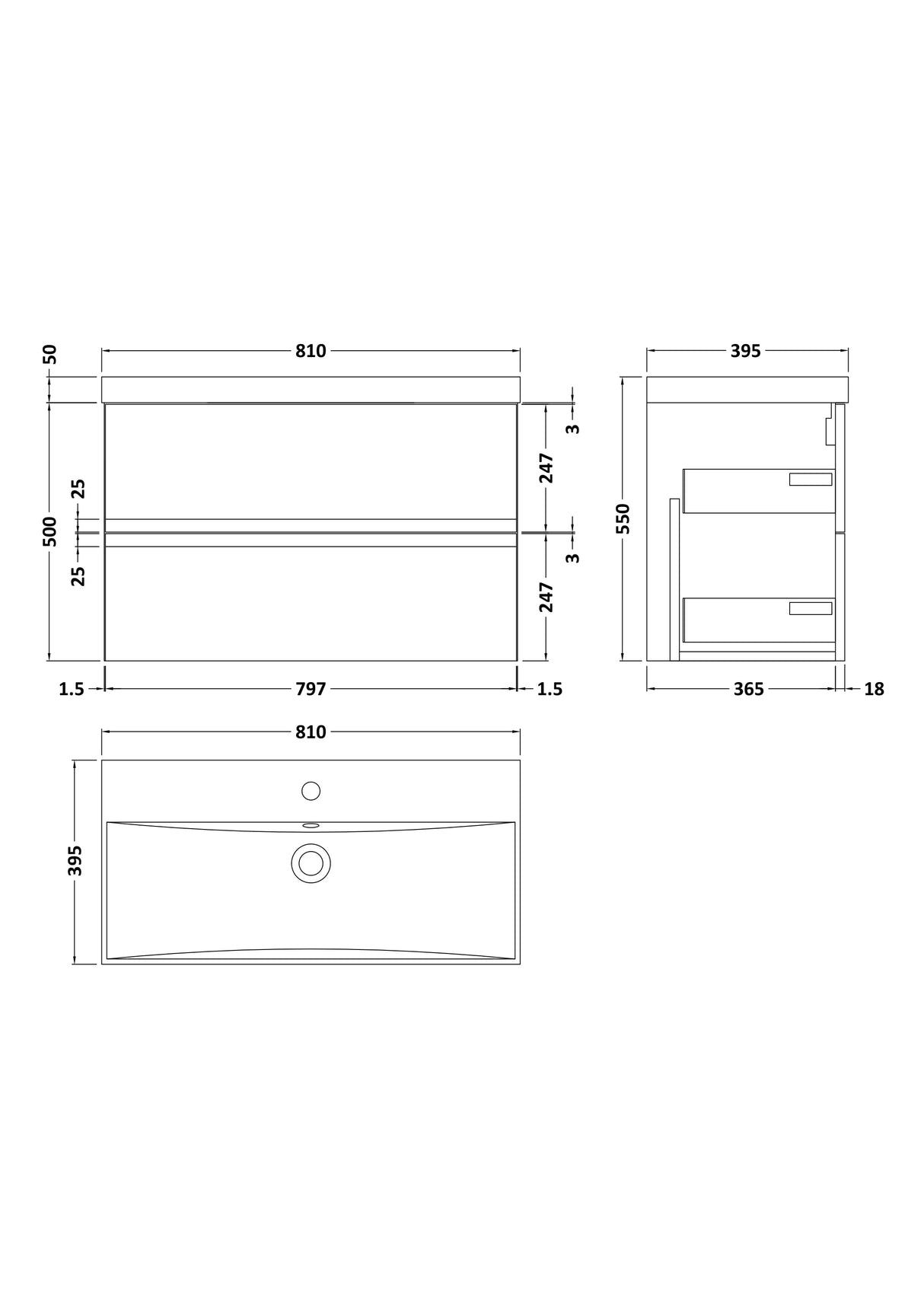 [BFRA1406D] Mavesyn Contemporary 2 Drawer Wall Hung Vanity Unit with Thin Edge Basin - Choice of Size and Colour - Technical Drawing