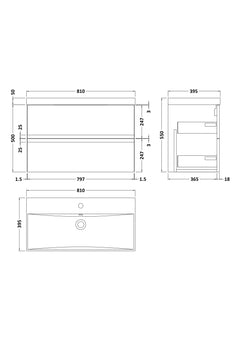 [BFRA1406D] Mavesyn Contemporary 2 Drawer Wall Hung Vanity Unit with Thin Edge Basin - Choice of Size and Colour - Technical Drawing