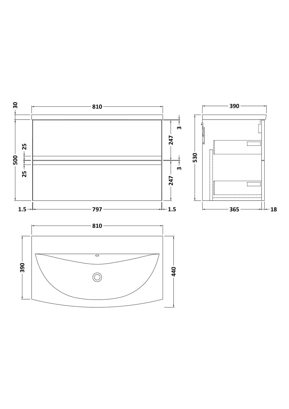 [BFRA1406G] Mavesyn Contemporary 2 Drawer Wall Hung Vanity Unit with Curved Basin - Choice of Size and Colour - Technical Drawing
