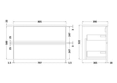 [BFRA1406LCM] Mavesyn Contemporary 2 Drawer Wall Hung Vanity Unit with Laminate Worktop - Choice of Size and Colour - Technical Drawing