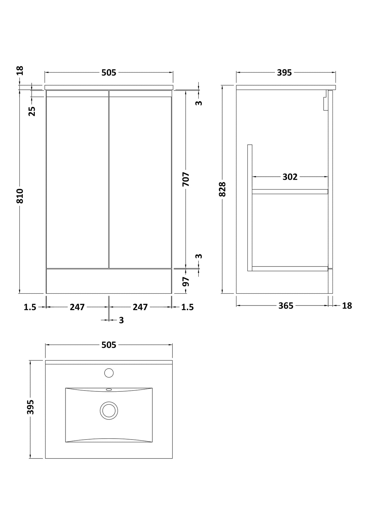 [BFRA1407B] Mavesyn Contemporary 2 Door Floor Standing Vanity Unit with Minimalist Basin - Choice of Size and Colour - Technical Drawing