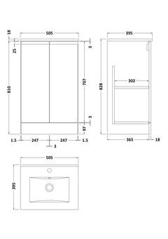 [BFRA1407B] Mavesyn Contemporary 2 Door Floor Standing Vanity Unit with Minimalist Basin - Choice of Size and Colour - Technical Drawing