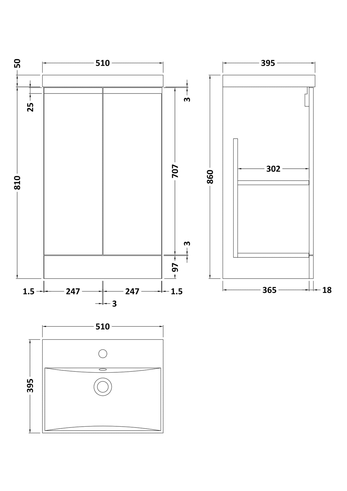 [BFRA1407D] Mavesyn Contemporary Floor Standing 2 Door Vanity Basin Unit with Thin-Edge Basin, Choice of Size and Colour - Technical Drawing