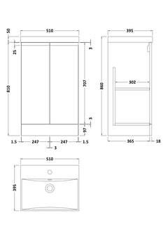 [BFRA1407D] Mavesyn Contemporary Floor Standing 2 Door Vanity Basin Unit with Thin-Edge Basin, Choice of Size and Colour - Technical Drawing