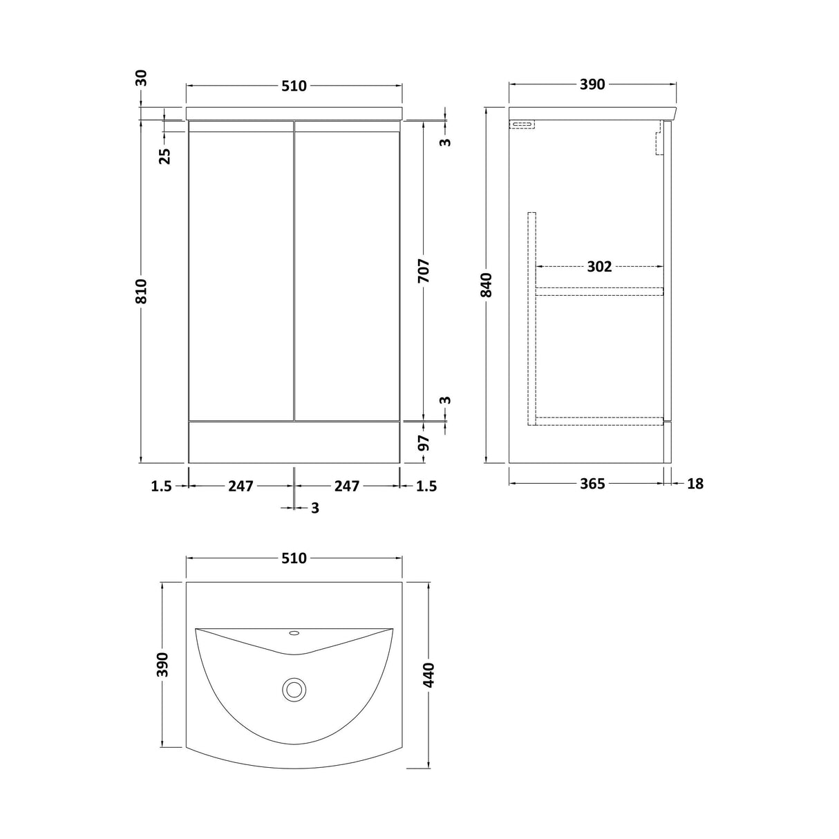 [BFRA1407G] Mavesyn Contemporary 2 Door Floor Standing Vanity Unit with Curved Basin, Dark Grey, 500mm - Technical Drawing