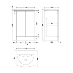 [BFRA1407G] Mavesyn Contemporary 2 Door Floor Standing Vanity Unit with Curved Basin, Dark Grey, 500mm - Technical Drawing