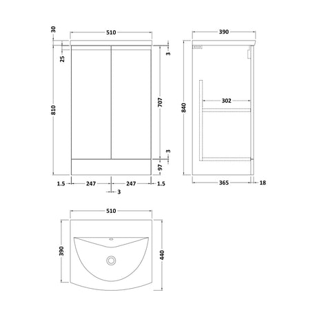 [BFRA1407G] Mavesyn Contemporary 2 Door Floor Standing Vanity Unit with Curved Basin, Dark Grey, 500mm - Technical Drawing