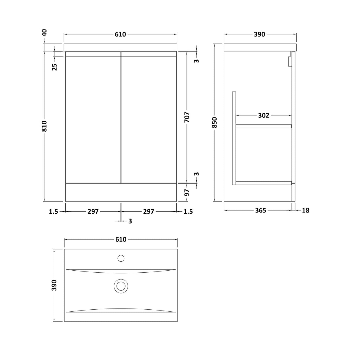 [BFRA1408A] Mavesyn Contemporary 2 Door Floor Standing Vanity Unit with Mid-Edge Basin, Dark Grey, 600mm - Technical Drawing