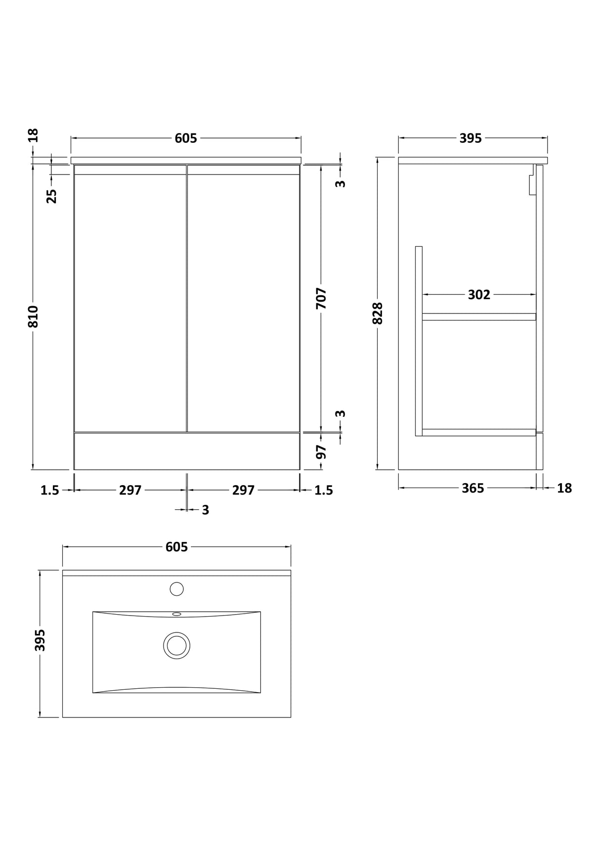 [BFRA1408B] Mavesyn Contemporary 2 Door Floor Standing Vanity Unit with Minimalist Basin - Choice of Size and Colour - Technical Drawing