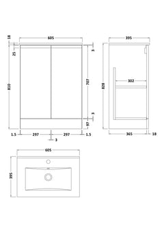 [BFRA1408B] Mavesyn Contemporary 2 Door Floor Standing Vanity Unit with Minimalist Basin - Choice of Size and Colour - Technical Drawing