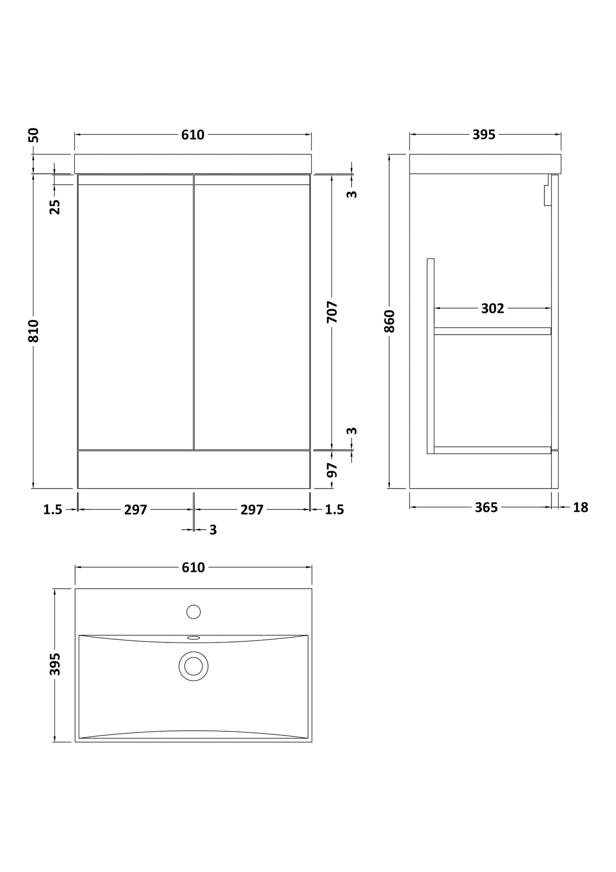 [BFRA1408D] Mavesyn Contemporary Floor Standing 2 Door Vanity Basin Unit with Thin-Edge Basin, Choice of Size and Colour - Technical Drawing