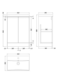[BFRA1408D] Mavesyn Contemporary Floor Standing 2 Door Vanity Basin Unit with Thin-Edge Basin, Choice of Size and Colour - Technical Drawing