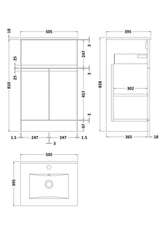 [BFRA201B] Mavesyn Contemporary 2 Door 1 Drawer Floor Standing Vanity Unit with Minimalist Basin - Choice of Size and Colour - Technical Drawing