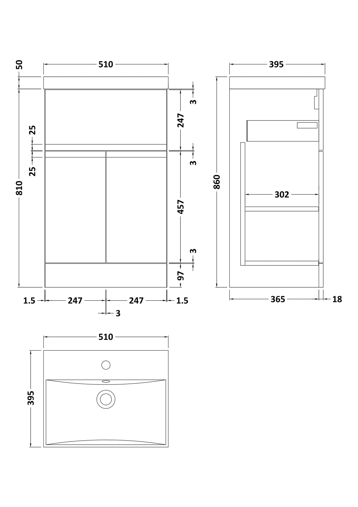 [BFRA201D] Mavesyn Contemporary 2 Door 1 Drawer Floor Standing Vanity Unit with Thin Edge Basin - Choice of Size and Colour - Technical Drawing