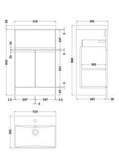 [BFRA201D] Mavesyn Contemporary 2 Door 1 Drawer Floor Standing Vanity Unit with Thin Edge Basin - Choice of Size and Colour - Technical Drawing